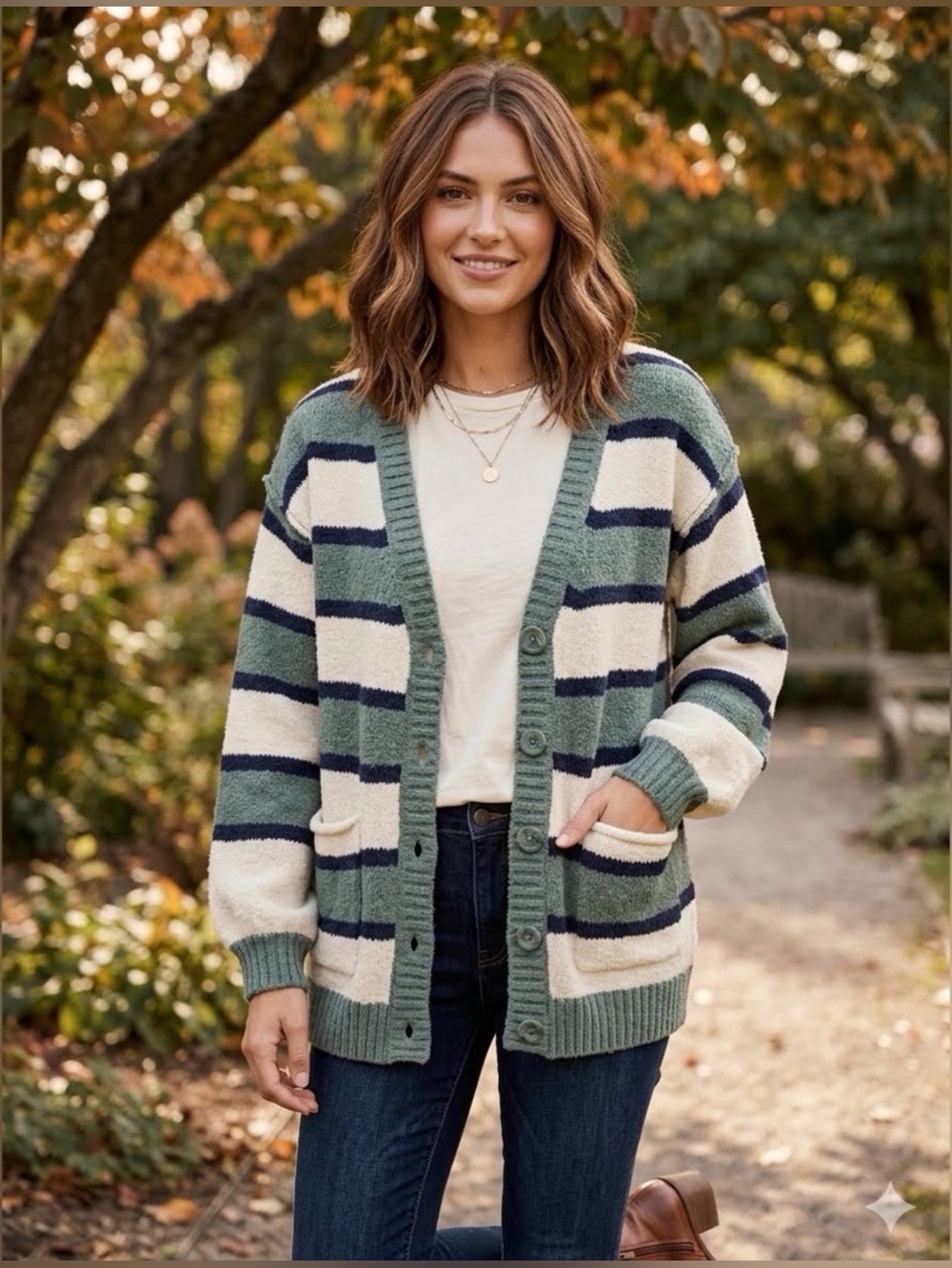 Abound Oversize Green-Cream Cardigan XS